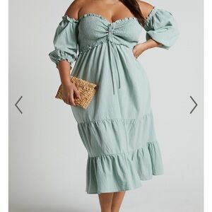 Midi Linen Blend Dress Shirred Off Shoulder Puffed Sleeve